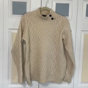 Aran Woollen Mills Merino Wool Cable Knit Button Mock Neck Sweater Cream Mens M